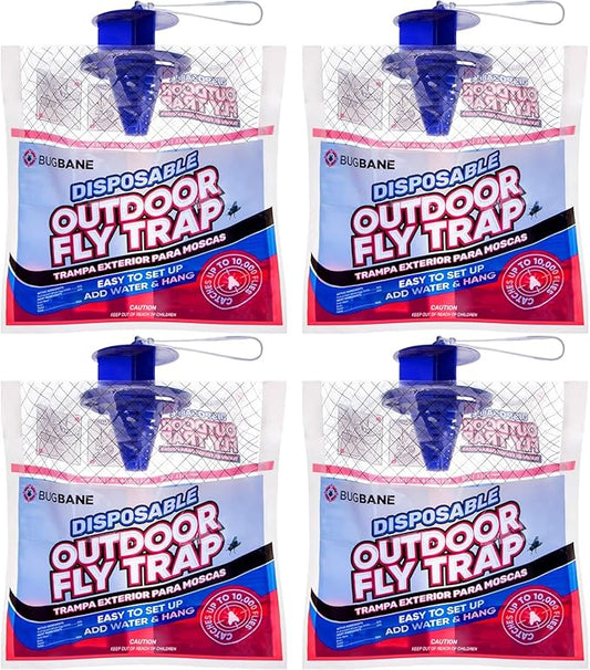 Fly Traps Outdoor Fly Trap for Patio. 4 Non-Toxic Pre-Baited Flies Bags Outdoor Disposable. Hanging Bug Catchers for All Filth Flies Killer for Outside Bug Control in Yard Horse Ranch Trash Can