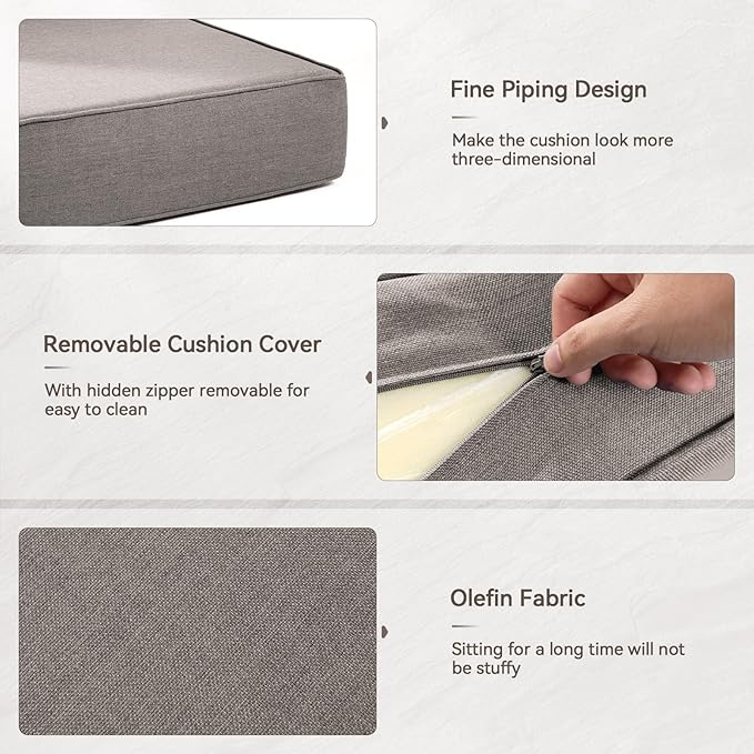 Luxury 6" Outdoor Cushions for Patio Furniture, 24x24x6 Thick Seat Cushion Set of 3, Fade Resistant Couch Chair Replacement Cushions High Density Deep Wicker Chair Cushion w/Removable Cover Gray