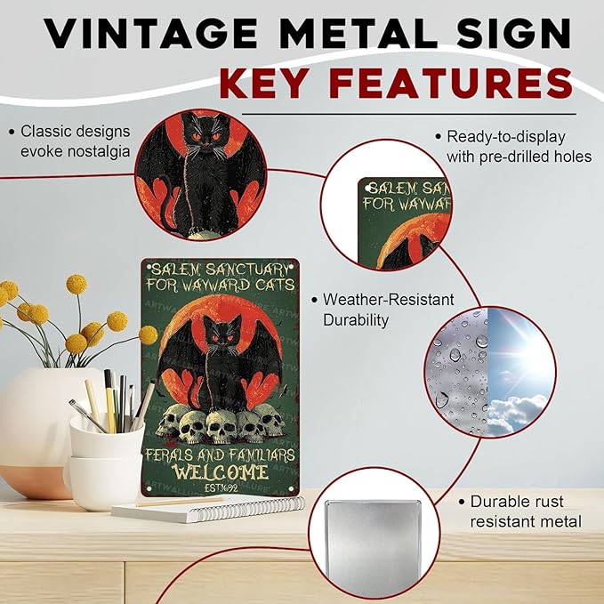 Salem Sanctuary Black Cat Metal Tin Sign Halloween Decor Vintage Gothic Decor Retro Wall Art Rustic Tin Plaque For Home Bar Cat Lovers 8x12inch