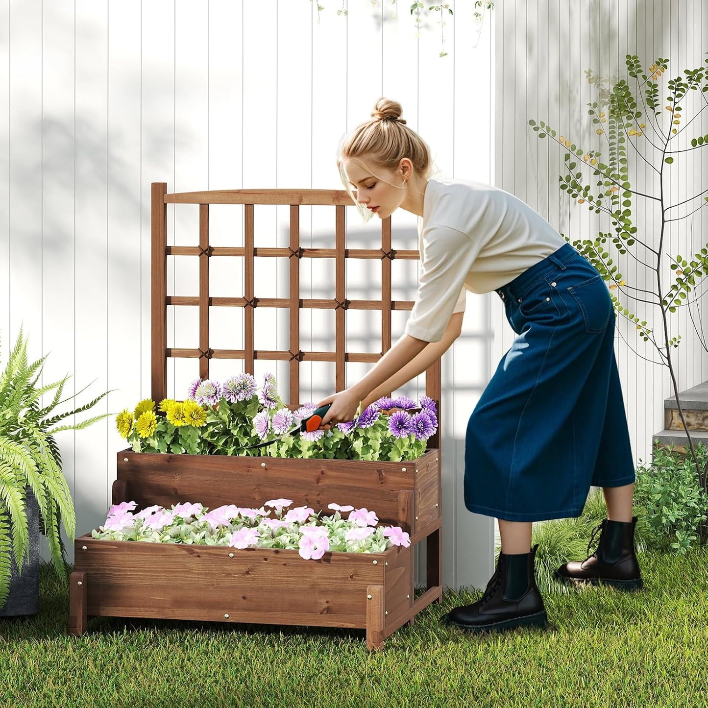 HAPPYGRILL Raised Garden Bed with Trellis, Drainage Holes, 2-Tier Wooden Elevated Planter Box w/Legs for Climbing Plants Vine Flower Herb Vegetable Fruit, Outdoor Garden Box for Patio Balcony