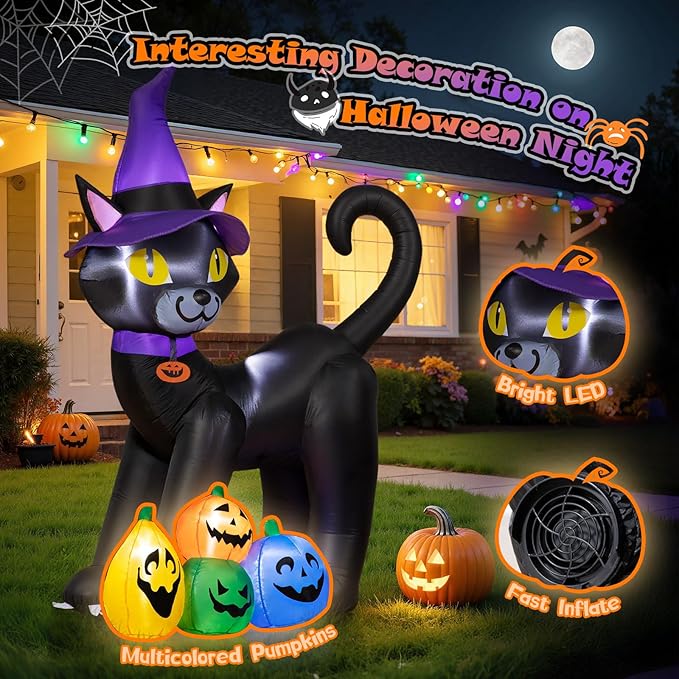 6FT Halloween Inflatable Black Cat with Witch Hat and 4 Colorful Pumpkins, Cute Blow Up Yard Decoration with LED Lights for Lawn, Garden, Balcony, Outdoor Holiday Party Events