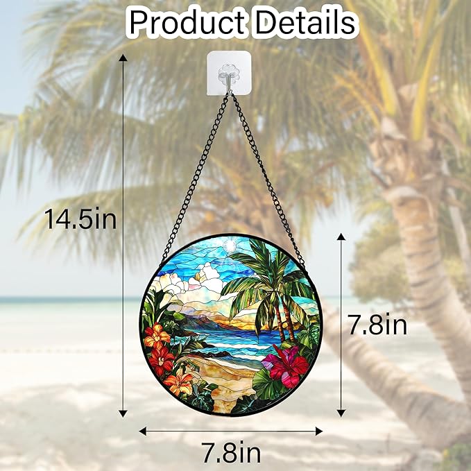 Stained Glass Window Hanging, Blue Beach Scenery Suncatcher Diamond Glass Panel Hangings Sun Catchers Decor for Birthday for Women, Men, Wife, Aunt, and Mom 7.8 in