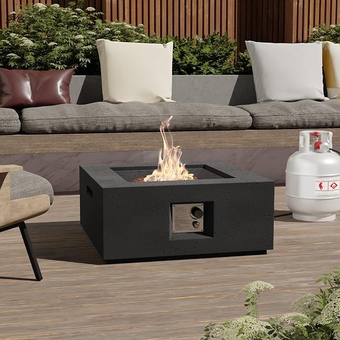 SUNBURY Outdoor Fire Pit, 28" Square Propane Gas Patio Fire Table 40,000 BTU Concrete Travertine Design, CSA Certified, Small Firepit Table with Lava Rocks, Waterproof Cover (Grey)