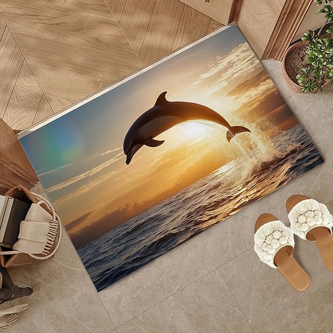 Welcome Mat Indoor,Jumping Dolphin Front Door Mat,Sea Sunset Entryway Rug for Porch Patio Non-Slip Outdoor Entry Doormat for Back Door Outside Entrance Hallways,30 x 17 Inch