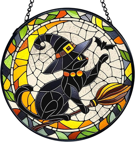 TNUW Halloween Black Cat Stained Glass Window Hanging, Gothic Witchy Black Cat Sun Catchers Indoor Window Glass Round Wall Art Decor, Halloween Wall Hanging Decorations, 7.9＂x7.9＂
