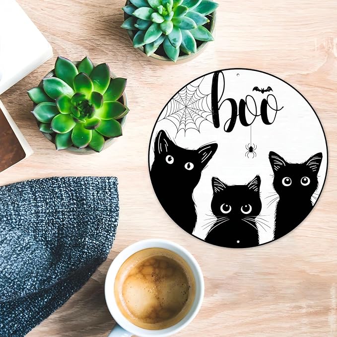 PEACHGARDEN Black Cat Halloween Metal Tin Sign Vintage Gothic Decor Boo Plaque Spooky Wall Art Retro Iron Painting for Home Porch Bar 8x8inch