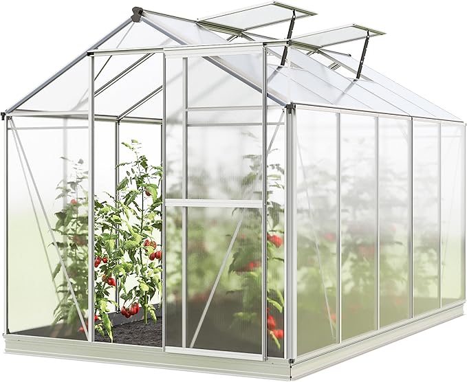 Greenhouse Jasmin 5 Aluminum Frame - 6.3 x 10.4 ft Approx. 6 mm Polycarbonate Panels - Bonus Base Frame and Automatic Vent Opener