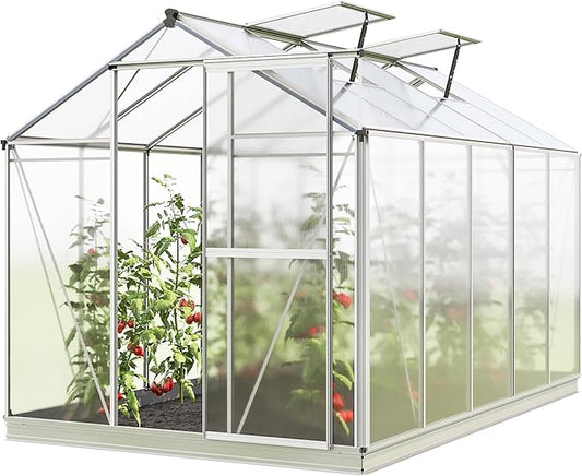 Greenhouse Jasmin 5 Aluminum Frame - 6.3 x 10.4 ft Approx. 6 mm Polycarbonate Panels - Bonus Base Frame and Automatic Vent Opener