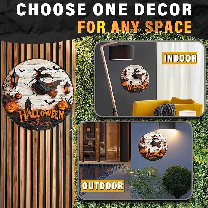 PEACHGARDEN Round Happy Halloween Witch Vintage Sign Pumpkin Metal Tin Sign for Home Bar Kitchen Hotel Dining Room Coffee 8x8inch