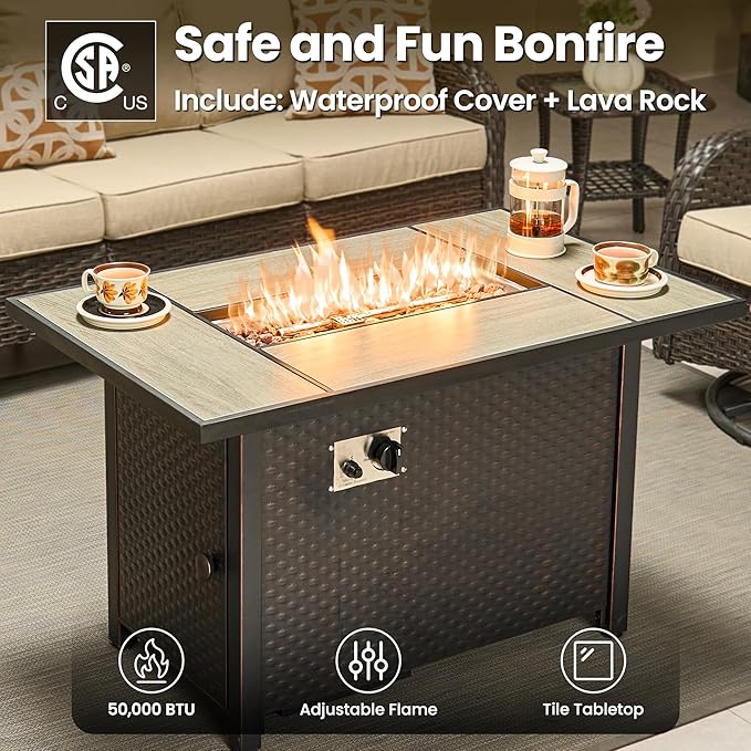 ovios 7 Pieces Patio Furniture Set, Outdoor Wicker Sofa Couch with Swivel Chairs 42" Fire Pit Table, All Weather High Back Modern Conversation Sets, Brown Rattan, Beige