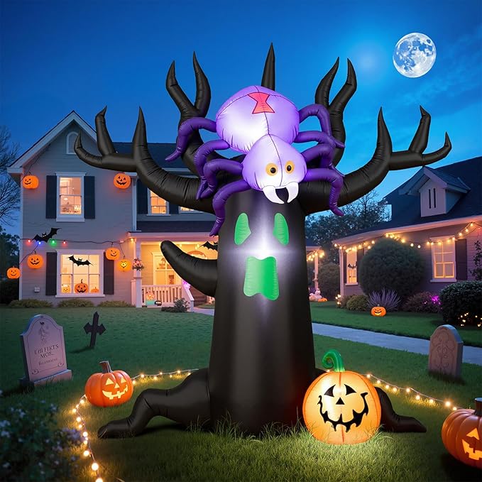 7FT Halloween Inflatable Tree with Giant Purple Spider and Pumpkin, Spooky Blow Up Yard Decoration with LED Lights for Outdoor Lawn, Garden, Party, Holiday Event Decor