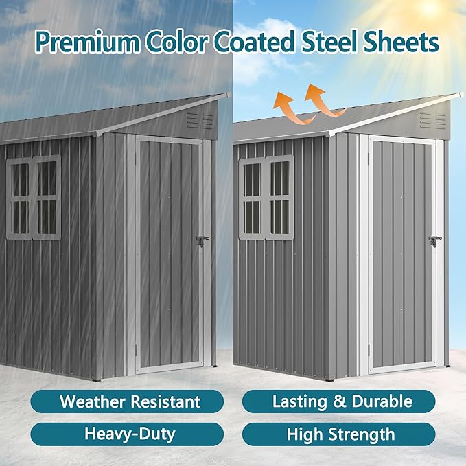 Lean Outdoor Storage Shed with 2 Adjustable Windows, 4x10 FT Heavy-Duty Outdoor Shed w/Reinforced Floor Fram and Lockable Door, Garden Tool Storage Cabinet for Backyard Garden Patio Lawn, Gray