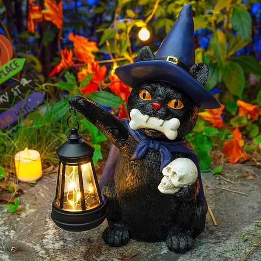 Halloween Black Cat Decor Spooky Solar Cat Garden Statues Holding Skull with LED Lantern Halloween Outdoor Decorations for Porch Patio Yard Lawn Holiday Gardening Gifts for Women