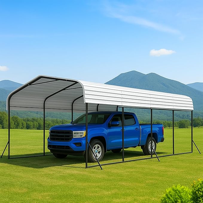 12x20 Metal Carport with Base Fixings Heavy Duty Garage Outdoor Chrome Plated Frame and Sheet Metal Construction Suitable for Boats, Cars, Tractors and Agricultural Equipment, White