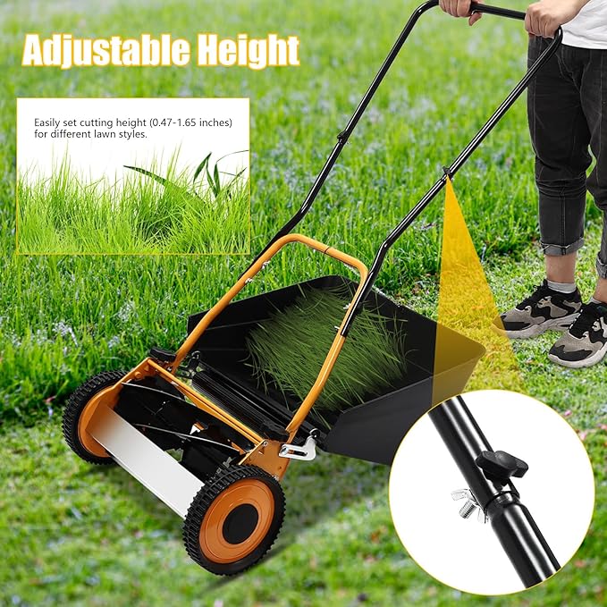 16" Manual Push Reel Lawn Mower - Hand Push Lawn Mower with Bag, Steel & Aluminum 2-in-1 Grass Cutter, Adjustable Cutting Height 0.47-1.65" for Small Yards, Gardens (Orange/Black)