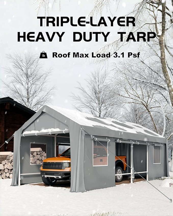 DEXSO 25'x13'x11' Windproof Carport Heavy Duty, 20 GA. Reinforced Poles & 14 mil PE Canopy, Extra Large Anti-High Wind Portable Garage for Full-Sized Pickup Truck and Bass Boat, Grey