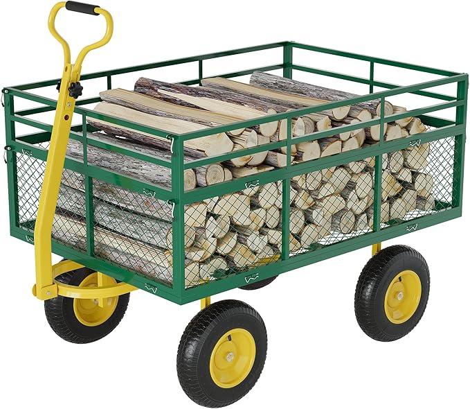 3-in-1 Heavy-Duty Steel Garden Cart, 1400 Lbs Garden Wagon, with 13 Inch All-Terrain Tires and Removable Mesh Side Panels, 180° Rotating Handle, Metal Multi-Function Carts, Outdoor Gardens Wagon Cart