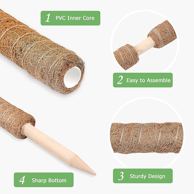 Moss Pole, Augshy Total Length 43 Inch Moss Poles - 2Pcs 24 Inch Plants Support Stakes Pole for Indoor Plants Coir Totem Pole for Creeper Monstera Plant Climbing