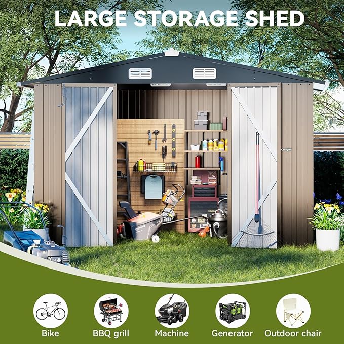COMHOMA Shed Outdoor Storage Shed Metal,Lockable Doors Tool Sheds with Sloping Roof,Steel Garden Shed with Air Vent for Backyard,Patio,Lawn,Poolside (Brown, 10'*12')