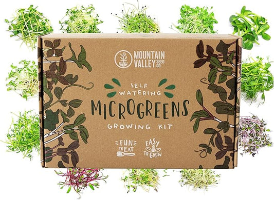 Self Watering Indoor Microgreens Kit - Complete Soil Microgreens Growing Kit for Vegetable Seeds & Herb Seeds - Black Sunflower Seeds, Pea Shoots Microgreen Seeds, Swiss Chard Seeds, & Cilantro Seeds