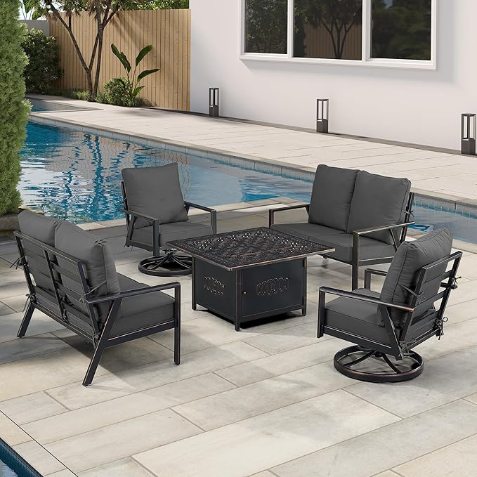 Oakland Living Black Aluminum Patio Fire Table Set with Two Deep Seating Loveseat with Cushions and Two Club Chairs with Black Cushions