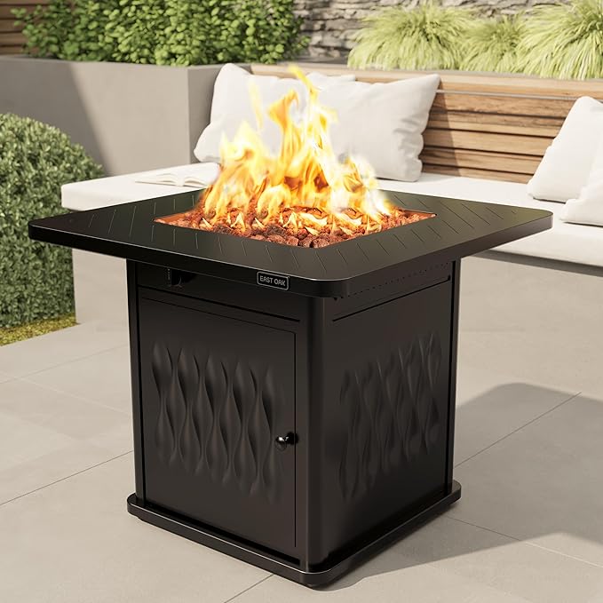 EAST OAK 32'' Propane Fire Pit Table, 50,000 BTU Steel Gas FirePit for Outdoor, Outside Patio Deck and Garden, CSA Certified Fire Table with Magnetic Lid, Cover-Storage Basket and Lava Rock, Black