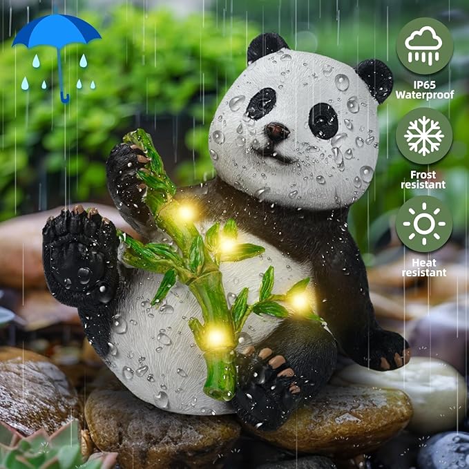 Solar Panda Statue for Garden Outdoor Decor Polyresin Panda Sculpture Figurine Bamboo with LED Lights for Patio Balcony Yard Lawn Decorations (Lying Posture)