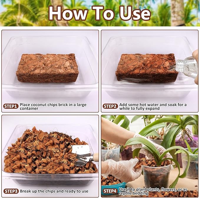 Legigo 4 Pack Coco Husk Chips- 4.4 LB 100% Organic Coconut Coir Chips Brick Potting Soil Mix with Low EC & PH Balance, Compressed Coconut Substrate Coco Chips Mulch Medium for Garden, Flowers, Plants