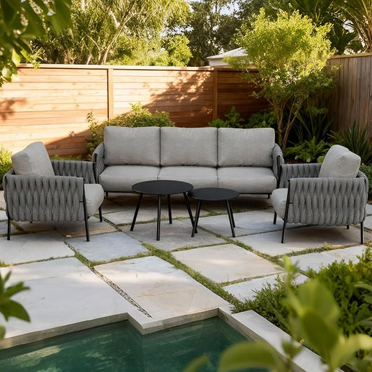 EAST OAK Patio Furniture Set 5 Pieces, Modern Outdoor Furniture 5 Seats Sofa with Two Round Coffee Table, Patio Conversation Set Deep Seating with Thick and Washable Cushions, Misty Grey2025