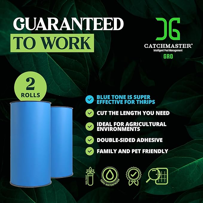 Catchmaster XL AG Roll 2PK, Double Sided Adhesive Fly Tape Strips, Fungus Gnat Sticky Trap for Greenhouse, Garden, Nursery, Pest Control Gardening Supplies, Pet Safe Insect Trap, 328' x 12", Blue