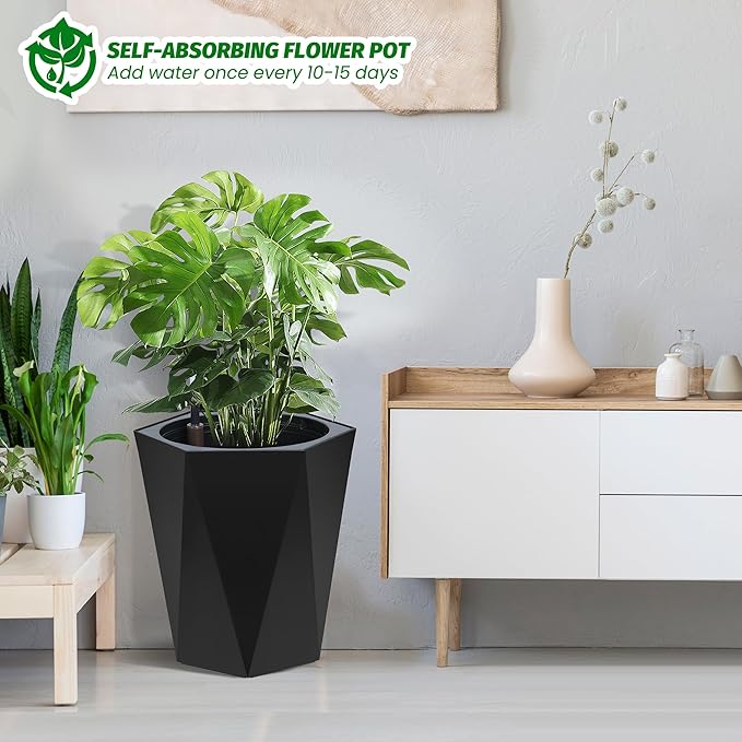 16 Inch Tall Outdoor Planters Set of 2, Self Watering Pots for Indoor Plants with Water Level Monitor & Drainage Hole & Wheels, Large Planter Pots for Garden, Patio, Balcony, Black