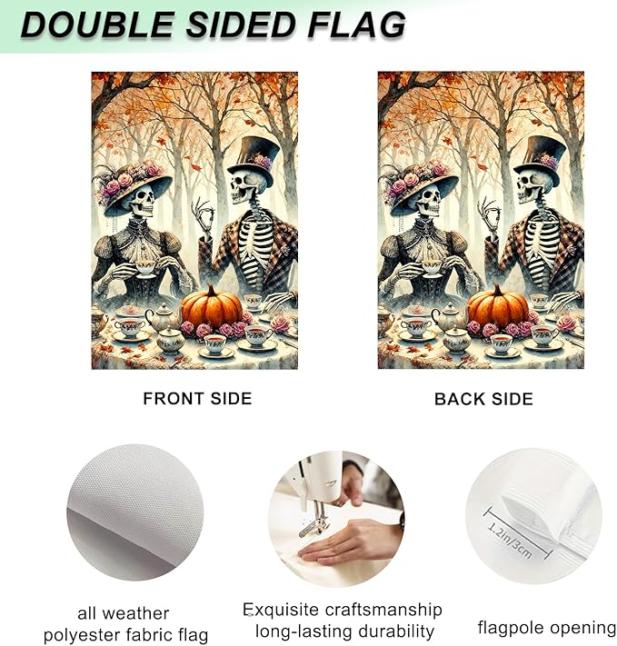 IVN Day of the Dead Garden Flag Skeleton Couple in Festive Attire with Pumpkin and Marigolds Outdoor Yard Patio Holiday Decor Backdrop 12x18 Inch Polyester For Girls or boys gifts Gardens Flags