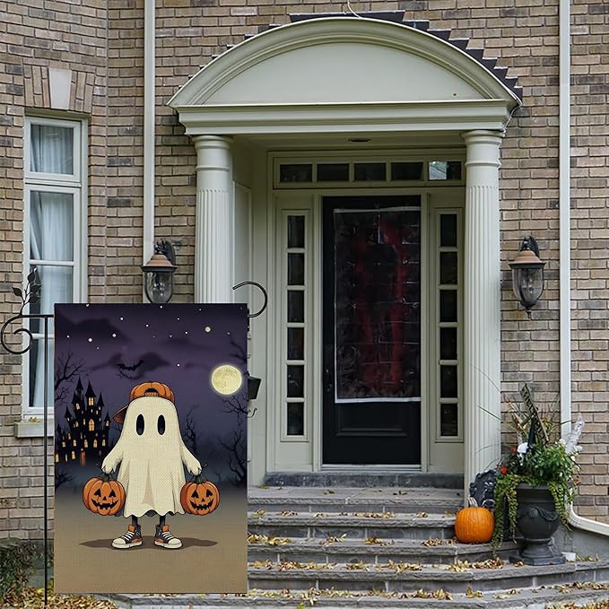 Halloween Ghost Garden Flag 12x18 Inch Double Sided, Pumpkin Castle Moon Burlap Autumn Seasonal Holiday Yard Outdoor Decor Halloween8