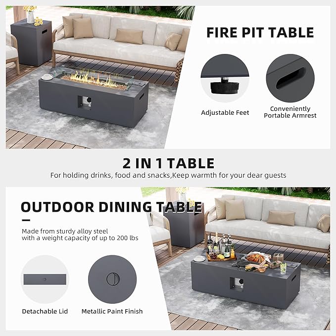UPHA 42-inch Outdoor Propane Gas Fire Pit Table 50000 BTU Iron Rectangle Firepit for Outside Patio with Tank Hidden Table, Wind Guard, Removable Lid, Gold Glass Rocks, Rain Cover, Dark Grey