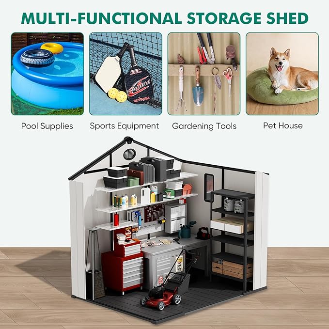 8x8 Resin Outdoor Storage Shed with Floor, Plastic Tool Shed for Gardening, Patio, and Deck, White/Gray