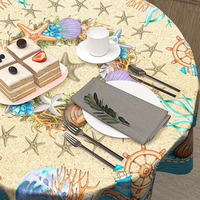 Giwawa Summer Beach Tablecloth Round 60 Inch, Shell Coastal Wreath Sea Theme Waterproof Fabric Circular Table Cloth Cover for Home Kitchen Dining Patio Picnic Party Decor