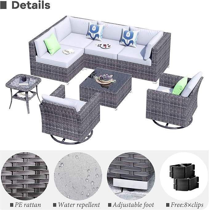 HOOOWOOO 8 Piece Patio Sectional Furniture Set with Swivel Rocking Chairs,Modern Wicker Outdoor Conversation Sofa Sets,Weather Resistant Modular L Shaped Outside Couch Set(Light Grey)