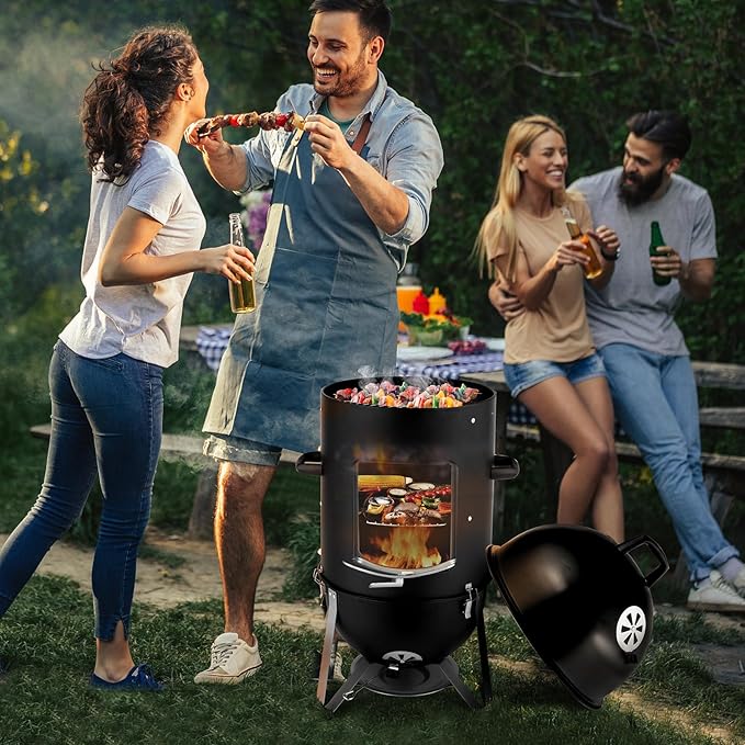 19 Inch BBQ Smoker Grill, 3-in-1 Vertical Charcoal Smoker, Heavy Duty Outdoor Bullet Smokers for Meat with Built-In Thermometer, Air Vent, And 2 Access Doors, Idea for Parties, Backyard, Barbecues