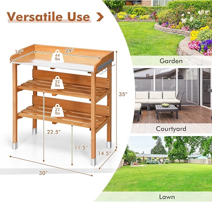 S AFSTAR Potting Bench, Work Station with Fir Wood Construction & Metal Tabletop, Garden Planting Table w/Open Shelves and Hanging Hooks, Gardening Table Potting Table for Outside Backyard Balcony