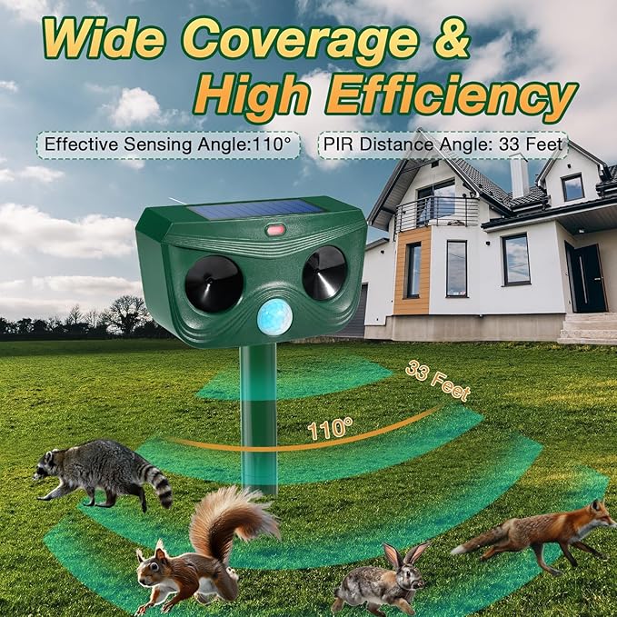 2 Pack Ultrasonic Animal Repellent Outdoor Cat Repellent Outdoor Deer Repllent Devices Animal Deer Deterrent Scare Squirrel, Raccoon, Skunk, Rabbit, Dog with Motion Detector for Yard Garden