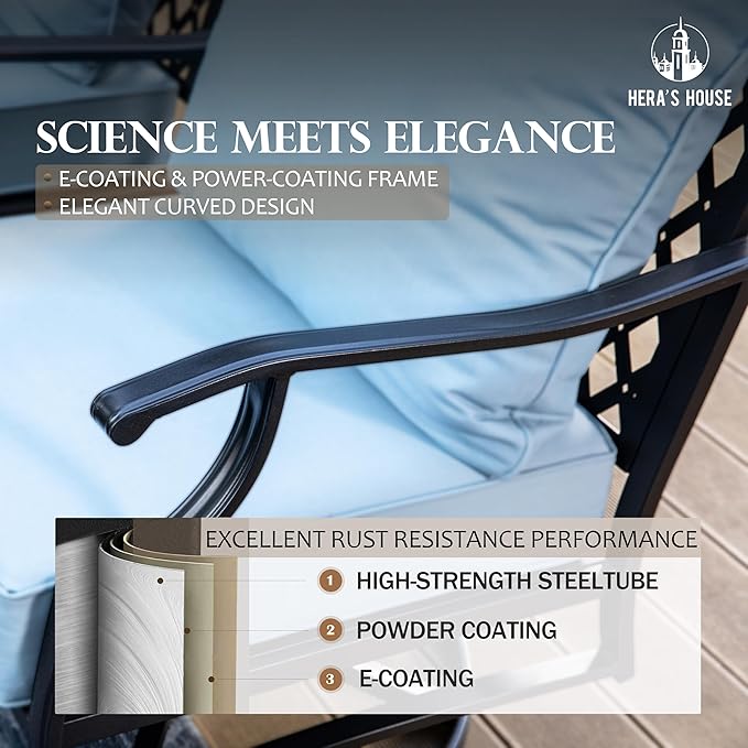 HERA'S HOUSE 6 Piece Patio Furniture Set, 2 x Swivel Cushioned Chair, 2 x Cushioned Ottoman, 1 x 3-Seat Sofa with Marbling Coffee Table, Outdoor Conversation Set for Lawn Garden Backyard, Blue