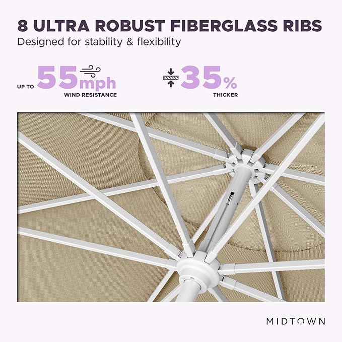 Midtown Umbrellas The Swilt 8 Feet Patio Umbrella in Terylast Chestnut (Beige) Polyester Fabric - Fiberglass Ribs, Auto-Tilt Aluminum Frame For Backyard, Deck, Garden, Pool - White Pole
