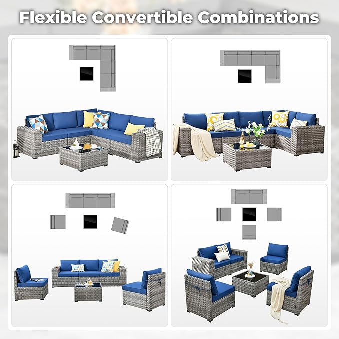 ovios 6 Pieces Patio Furniture Set, Outdoor Wicker Sectional Sofa with Glass Table Comfy Cushions, Modern Modular Deep Seat Couch Rattan Conversation Set, Navy Blue