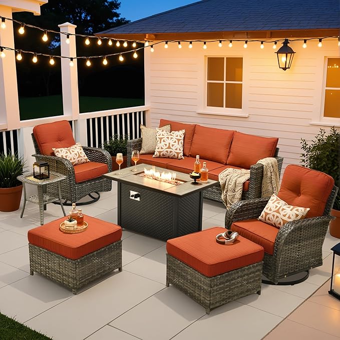 HOOOWOOO Outdoor Patio Furniture Set,7 Pieces Wicker Conversation Set,All Weather Couch Set with Fire Pit Table Swivel Chairs Ottoman 7 Seaters for Out Door Yard(Brick Red)
