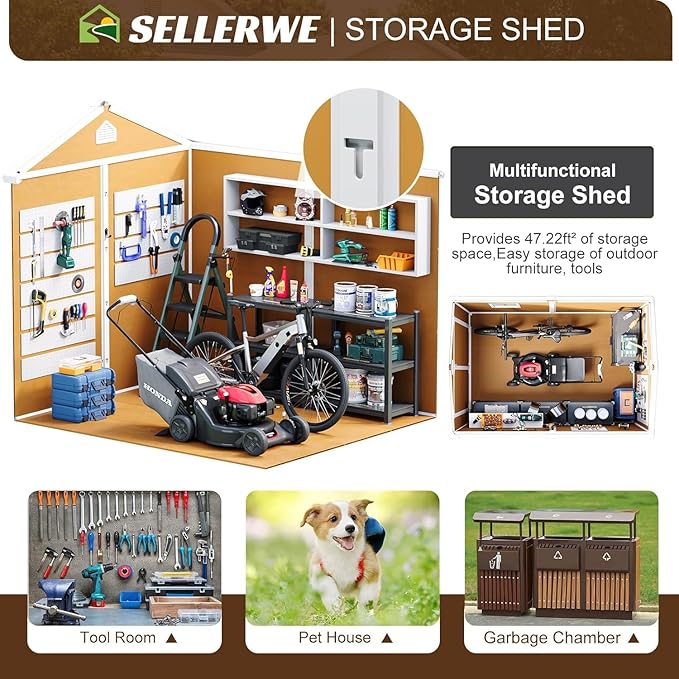 8x6 FT Resin Storage Shed, Waterproof Outdoor Shed w/Floor Included, 2 Windows, Double Lockable Doors & Vents,Outside Plastic Tool Sheds for Garden, Lawn, Backyard, Wood-Grain Brown