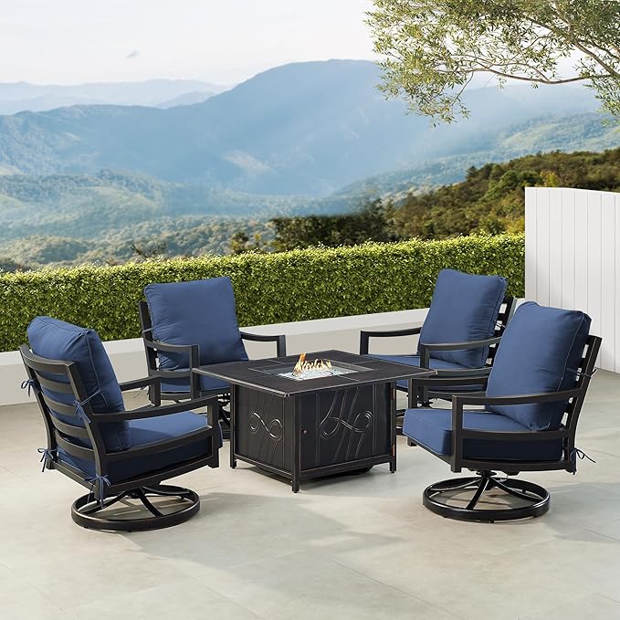 Oakland Living Black Aluminum Patio Fire Table Set with Four Club Chairs with Blue Cushions