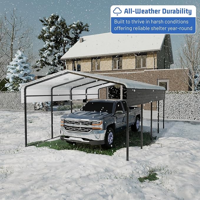 Metal Carport 10 * 15 FT Heavy Duty Carport Canopy with Galvanized Steel Roof Multi-Use Shelter Outdoor Portable Garage for Car, Boat, Pickup and Tractor
