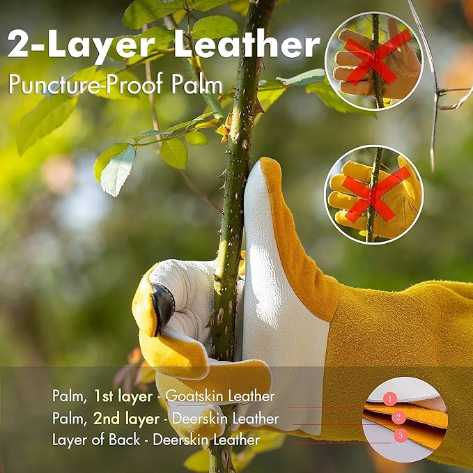 Garden Gloves Women/Men Thorn Proof, Deerskin Suede, 2 Layers Leather Rose Pruning Long Gardening Gloves for Cactus