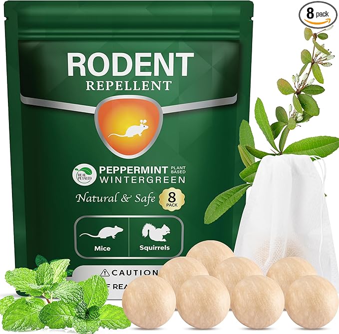 Peppermint Oil Rodent Repellent: Natural Repel Deterrent Balls for Mice and Rats - Control Mouse Away with Repellent Bags and Pouches for Car House and Indoor 8 Pack (Package of 1)