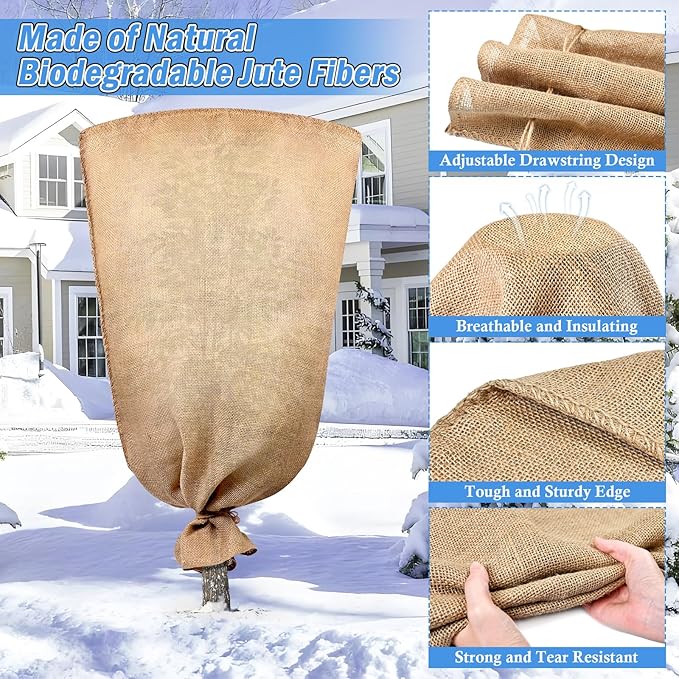 Legigo 3 Pack 45 X 70 Inch Burlap Plant Covers Freeze Protection Bags, Large Winter Plant Frost Covers with Drawstring, Reusable Tree Covers Burlap Frost Cloths Protection for Outdoor Plants Shrubs
